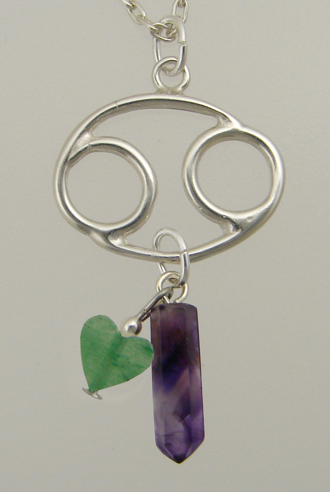 Sterling Silver Cancer Pendant Necklace With an Amethyst Crystal And Green Heart